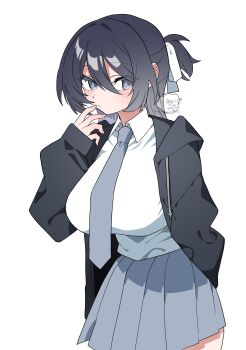 1girl absurdres arm_behind_back arm_up black_hair black_hoodie blush blush_stickers breasts closed_mouth collared_shirt fingernails grey_eyes grey_necktie grey_skirt hair_between_eyes hair_ribbon hand_up highres hood hoodie large_breasts long_hair long_sleeves looking_at_viewer looking_to_the_side necktie oimotororo1116 open_clothes open_hoodie original pleated_skirt ponytail ribbon school_uniform shirt simple_background skirt sleeves_past_wrists solo standing thick_eyelashes tsurime upper_body white_background white_ribbon white_shirt yuuka_(oimotororo1116)
