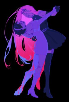 2girls absurdres alien_stage arm_up bare_back bare_shoulders black_background black_boots black_dress black_gloves black_hair blood blood_on_clothes blue_hair boots bridal_gauntlets closed_eyes commentary dress earrings elbow_gloves english_commentary from_behind full_body fur-trimmed_boots fur_trim gem gloves gradient_hair hairband hand_around_waist hand_on_another&#039;s_shoulder high_heel_boots high_heels highres holding_hands injury jewelry juliet_sleeves long_hair long_sleeves looking_at_another mizi_(alien_stage) multicolored_hair multiple_girls off-shoulder_dress off_shoulder open_mouth pendant pink_eyes pink_hair pommeplisa puffy_sleeves purple_gemstone purple_hair short_hair short_sleeves simple_background sleeveless sleeveless_dress smile standing strapless strapless_dress sua_(alien_stage) teeth thigh_boots very_long_hair white_boots white_dress white_hairband yuri