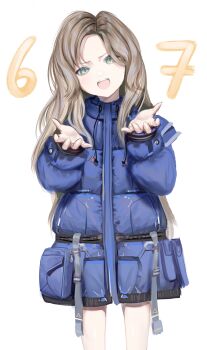 1girl 67_(meme) :d absurdres aqua_eyes bare_legs blonde_hair coat coat_on_shoulders commentary cowboy_shot diana_(pragmata) drawstring hands_up head_tilt highres long_hair long_sleeves looking_at_viewer meme open_mouth padded_coat pragmata puffy_coat puffy_long_sleeves puffy_sleeves shinekomyao smile solo standing teeth upper_teeth_only very_long_hair