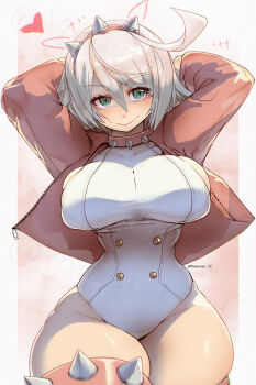 1girl ahoge arms_behind_head artist_name breasts closed_mouth collar commentary_request elphelt_valentine green_eyes guilty_gear guilty_gear_strive hair_between_eyes hairband heart jacket large_breasts leotard looking_at_viewer pink_hairband pink_jacket short_hair sideboob smile solo spiked_collar spiked_hairband spikes twitter_username white_leotard yotastar