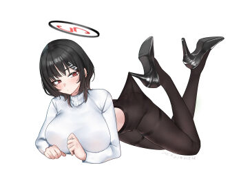 1girl absurdres alternate_hair_length alternate_hairstyle artist_name ass black_hair black_halo black_pantyhose black_shoes blue_archive blush breasts bright_pupils clenched_hands closed_mouth commentary_request dated earclip film_grain frown full_body hair_ornament halo high_heels highres huge_breasts knees_together_feet_apart lace_pantyhose_hooked_on_heel_(meme) large_breasts legs_up looking_at_viewer lying medium_hair meme millennium_science_school_logo no_pants on_stomach pantyhose red_eyes ribbed_sweater ringed_eyes rio_(blue_archive) shangdi_de_fa_zhang shoes simple_background solo sweater the_pose thighband_pantyhose thighs tsurime turtleneck turtleneck_sweater white_background white_pupils white_sweater wolf_cut
