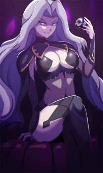 1girl alternate_costume arm_support arm_up bed bed_sheet black_bridal_gauntlets black_cape black_gloves black_panties black_thighhighs bodystocking breasts bridal_gauntlets cape cleavage cosplay covered_navel crossed_legs dark_background dark_mage_(fire_emblem_fates) dusk_ball eyelashes fire_emblem fire_emblem_fates gloves grin highres holding holding_poke_ball karen_(pokemon) large_breasts long_hair looking_at_viewer navel nintendo nyx_(fire_emblem) nyx_(fire_emblem)_(cosplay) on_bed panties parted_lips poke_ball pokemon pokemon_gold/silver/crystal purple_background revealing_clothes sitting smile solo split_mouth teeth thighhighs thighs turtleneck underwear upper_body very_long_hair vivivoovoo white_hair