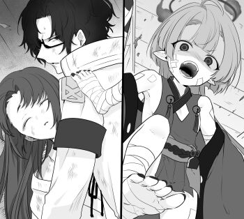 1boy 2girls armband bandaged_leg bandages bare_shoulders bell blue_archive bruise bruise_on_face closed_eyes gauze gauze_on_face glasses greyscale hair_between_eyes halo highres injury inotukuhito jingle_bell long_hair long_sleeves looking_at_viewer monochrome multiple_girls obi open_mouth parted_bangs parted_lips pointy_ears problem_solver_sensei_(blue_archive) sash semi-rimless_eyewear sensei_(blue_archive) shaded_face short_hair shuro_(blue_archive) split_screen stepped_on upper_body v-shaped_eyebrows yukari_(blue_archive)