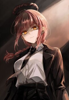 1girl black_jacket black_necktie black_pants black_suit blouse braid braided_ponytail business_suit buttons chainsaw_man coat collared_shirt crazycray formal_clothes hair_between_eyes high-waist_pants highres jacket long_hair long_sleeves makima_(chainsaw_man) necktie overcoat pant_suit pants red_hair ringed_eyes sharp_teeth shirt shirt_tucked_in sidelocks smile suit suit_jacket teeth white_shirt yellow_eyes