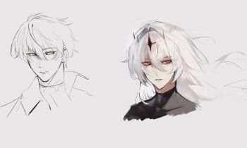 1boy 1girl absurdres black_shirt character_request crown double-parted_bangs grey_eyes hair_between_eyes highres logicsterrr long_hair looking_to_the_side nephis_(shadow_slave) parted_lips portrait shadow_slave shirt white_hair wind