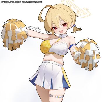 1girl absurdres blonde_hair blue_archive blush breasts cheerleader cleavage halo hands_up highres holding holding_pom_poms kotori_(blue_archive) kotori_(cheer_squad)_(blue_archive) large_breasts looking_at_viewer millennium_cheerleader_outfit_(blue_archive) momobug22 navel open_mouth oppai_loli plump pom_pom_(cheerleading) pom_poms red_eyes short_hair short_twintails signature skindentation skirt smile solo sports_bra thighs transparent_background triangle_halo twintails two-tone_sports_bra watermark web_address white_skirt yellow_halo