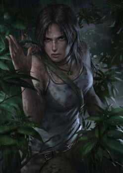 1girl brown_eyes brown_hair female_focus lara_croft long_hair rain solo standing tank_top tomb_raider tomb_raider_(reboot) tree