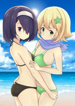 2girls aoi_illust_2077 ass bare_arms bare_legs bare_shoulders beach bikini black_bikini blonde_hair blue_scarf breasts closed_mouth cloud day dot_nose feet_out_of_frame female_focus gabriel_dropout green_bikini green_eyes hair_ornament hair_over_one_eye headband highres kurona_mei legs looking_back medium_breasts medium_hair multiple_girls purple_eyes purple_hair sand scarf scenery shiny_skin sky small_breasts standing swimsuit tapris_chisaki_sugarbell water white_headband