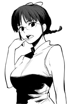 1girl akizuki_ritsuko alternate_breast_size_(larger) antenna_hair b_suke braid breasts commentary_request finger_in_own_mouth greyscale idolmaster idolmaster_(classic) large_breasts monochrome open_mouth shirt sleeveless sleeveless_shirt solo upper_body