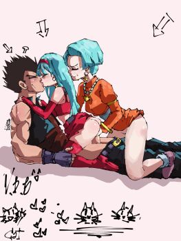 1boy 2girls age_difference aqua_hair ass black_hair black_vest bra_(dragon_ball) bulma closed_eyes dragon_ball dragon_ball_gt full_body gloves highres incest kiss legs loli miniskirt multiple_girls no_panties nude purple_gloves red_skirt short_hair skirt vegeta vest