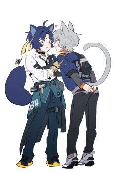 Rule 34 | 2boys, :<, animal ear fluff, animal ears, asaba harumasa, belt, belt pouch, black belt, black choker, black pants, blue hair, blue jacket, blue pants, blush, buckle, cat ears, cat tail, choker, closed mouth, collared shirt, commentary request, contrapposto, crossed arms, eye contact, full body, gloves, grey hair, headband, heart, highres, jacket, layered sleeves, long sleeves, looking at another, male focus, multiple boys, oimo8929, open collar, pants, parted hair, pouch, shirt, shoes, short hair, short over long sleeves, short sleeves, simple background, sleeve cuffs, smile, snap-fit buckle, standing, tail, thigh belt, thigh strap, white background, white shirt, wing collar, wise (zenless zone zero), yaoi, yellow headband, zenless zone zero
