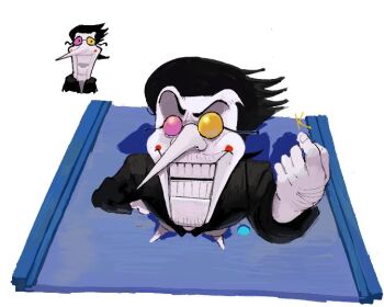 1boy black_hair deltarune facial_hair hand_hair hand_on_own_hip heterochromatic_eyewear long_nose male_focus open_mouth pepponeppo pipis_(deltarune) raised_eyebrows rectangular_mouth short_hair simple_background smile smug solo spamton_g._spamton tinted_eyewear utdr_(toby_fox)