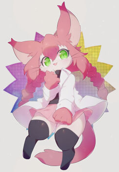 1girl :3 animal_ears animal_hands black_sweater black_thighhighs blush body_fur braid cat_busters cat_ears cat_girl cat_tail coat commentary_request full_body furry furry_female green_eyes highres lab_coat long_hair low_twin_braids neko_hakase open_mouth pear-shaped_figure pink_hair pink_skirt pleated_skirt rorizu shortstack skirt slit_pupils smile solo sweater tail thighhighs twin_braids whiskers white_coat white_fur wide_hips zettai_ryouiki