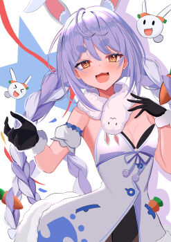 Rule 34 | 1girl, absurdres, animal ear fluff, animal ears, bare shoulders, black gloves, black leotard, blue hair, blush, braid, breasts, carrot hair ornament, coat, commentary request, detached sleeves, don-chan (usada pekora), food-themed hair ornament, fur-trimmed gloves, fur trim, gloves, hair between eyes, hair ornament, highres, hololive, leotard, long hair, looking at viewer, multicolored hair, open mouth, pekomon (usada pekora), puffy short sleeves, puffy sleeves, rabbit ears, rabbit girl, short sleeves, sleeveless, sleeveless coat, smile, solo, thick eyebrows, twin braids, two-tone hair, umikotatsu, usada pekora, usada pekora (1st costume), virtual youtuber, white background, white coat, white hair