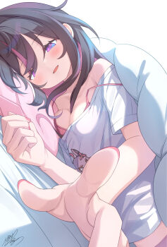 Rule 34 | 1girl, absurdres, azki (hololive), black hair, bra, bra peek, character print, colored inner hair, commentary request, dutch angle, fingernails, highres, hololive, index finger raised, long fingernails, looking at viewer, loungewear, lying, messy hair, mille, mole, mole under eye, multicolored hair, nail polish, on bed, on side, open mouth, pink bra, pink hair, pink nails, pink streaks, pioneer (azki), purple eyes, reaching, reaching towards viewer, simple background, smile, solo, underwear, virtual youtuber, waking up, white background