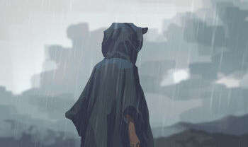 1other cloud cloudy_sky facing_away fog from_behind grey_sky highres hood hood_up mountainous_horizon original other_focus outdoors rain raincoat sky solo yoshiki_(yuki)