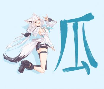 1girl absurdres ahoge animal_ear_fluff animal_ear_piercing animal_ears aqua_eyes bare_shoulders black_boots black_ribbon black_shorts black_tail black_thighhighs blue_background blue_neckerchief boots braid commentary crossed_bangs detached_sleeves double-parted_bangs earrings extra_ears fox_ears fox_girl fox_shadow_puppet fox_tail front_slit full_body hair_between_eyes hair_ribbon hand_up highres hololive hood hooded_vest hoodie hyde_(tabakko) jewelry long_hair looking_at_viewer low-tied_long_hair low_ponytail multicolored_tail navel neckerchief pentagram ponytail ribbon sailor_collar shirakami_fubuki shirakami_fubuki_(1st_costume) shoe_soles short_shorts shorts side_braid sidelocks simple_background single_braid single_earring single_thighhigh solo tail thigh_strap thighhighs vest virtual_youtuber white_hair white_hoodie white_sleeves white_tail wide_sleeves