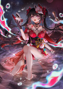 1girl :d absurdres bare_shoulders barefoot bell black_choker black_hair black_sash breasts choker cleavage criss-cross_halter fox_mask halterneck highres holding holding_mask honkai:_star_rail honkai_(series) jingle_bell long_hair mask mask_on_head medium_breasts neck_bell o-ring obi open_mouth purple_eyes sash short_sleeves smile solo sparkle_(honkai:_star_rail) thighs tongyu twintails very_long_hair water