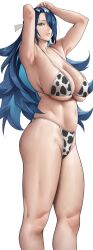 Rule 34 | 1girl, absurdres, animal print, armpits, arms up, azuma fubuki, bikini, blue eyes, blue hair, breasts, commentary, cow print, cow print bikini, curvy, feet out of frame, from side, hair over one eye, highres, large breasts, long hair, looking at viewer, mato seihei no slave, mature female, navel, parted lips, print bikini, simple background, skindentation, smile, solo, standing, string bikini, swimsuit, thick thighs, thighs, white background, yoshio (55level)