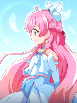 1girl ascot blue_background blue_bow bow braid brooch center_frills closed_mouth commentary crown_braid cure_prism dress dress_bow earrings elbow_gloves feathers frills from_side frown glove_bow gloves green_eyes hair_bow hair_ribbon highres hirogaru_sky!_precure jewelry kei_yunokawa light_particles long_hair looking_to_the_side magical_girl nijigaoka_mashiro pink_hair pink_ribbon precure ribbon side_braids sleeveless sleeveless_dress solo upper_body very_long_hair white_ascot white_bow white_dress white_feathers white_gloves wing_brooch