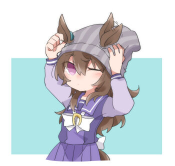 1girl animal_ears arms_up beanie beer_hsk blue_background bow brown_hair closed_mouth commentary_request ear_wiggle ears_through_headwear grey_hat hair_between_eyes hat horse_ears horse_girl horse_tail long_hair long_sleeves nakayama_festa_(umamusume) one_eye_closed pleated_skirt puffy_long_sleeves puffy_sleeves purple_eyes purple_shirt purple_skirt shirt skirt solo striped_clothes striped_headwear tail two-tone_background umamusume vertical-striped_clothes vertical-striped_headwear very_long_hair white_background white_bow