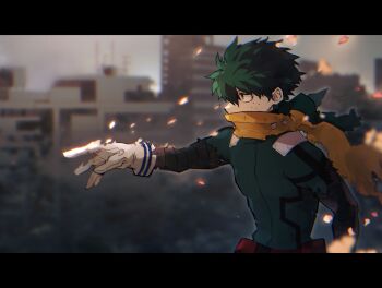 1boy bodysuit boku_no_hero_academia building city commentary_request covered_mouth disintegration freckles gloves green_bodysuit green_eyes green_hair hair_between_eyes highres letterboxed long_sleeves looking_ahead male_focus midoriya_izuku outstretched_arm profile ryo_(piggerworld) scarf short_hair solo superhero_costume torn_clothes torn_scarf upper_body white_gloves yellow_scarf