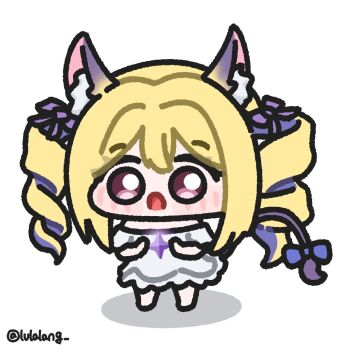 Rule 34 | 1girl, animal ear fluff, animal ears, blonde hair, caramel (stella sora), chibi, chibi only, commentary, crystal, double-parted bangs, dress, drill hair, full body, highres, holding, holding crystal, long hair, looking at viewer, lulalang, open mouth, pink eyes, simple background, solo, standing, stella sora, tail, twin drills, white background, white dress