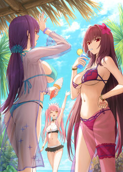 Rule 34 | 3girls, arm up, ass, bikini, black skirt, blue sky, bracelet, breasts, brown hair, commentary, cup, day, drinking glass, drinking straw, fate/grand order, fate (series), food, fruit, hair intakes, hand on own hip, highres, holding, holding cup, holding ice cream cone, ice cream, ice cream cone, jewelry, kamo ashi, large breasts, lemon, lemon slice, long hair, low-tied long hair, medb (fate), medb (swimsuit saber) (fate), medb (swimsuit saber) (second ascension) (fate), multiple girls, navel, one eye closed, open mouth, outdoors, pink hair, purple bikini, purple hair, red eyes, scathach (fate), scathach (fate/grand order), scathach (swimsuit assassin) (fate), scathach skadi (fate), scathach skadi (swimsuit ruler) (second ascension) (fate), see-through clothes, sideboob, skirt, sky, swimsuit, thigh strap, twintails, underboob, very long hair, yellow eyes