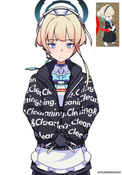 1girl apron artist_name black_gloves black_jacket black_skirt blonde_hair blue_archive blue_bow blue_bowtie blue_eyes blue_halo blue_ribbon bow bowtie brand_name_imitation double_v drip_(meme) english_text expressionless fingerless_gloves frilled_apron frills gloves hair_bun hair_ribbon halo highres jacket long_sleeves looking_at_viewer maid maid_apron maid_headdress meme own_hands_together reference_inset ribbon short_hair single_hair_bun skirt solo standing straight-on supreme_(brand) toki_(blue_archive) tsunderemaids twitter_username upper_body v white_background wing_collar