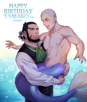 Rule 34 | 2boys, alternate species, ascot, beard, black hair, blue eyes, buzz cut, carrying, carrying person, censored, censored text, collarbone, commentary request, earrings, facial hair, foxvulpine, glint, goatee, golden kamuy, green ascot, grey hair, happy birthday, jewelry, kiroranke, looking at another, male focus, mature male, merman, monster boy, multiple boys, muscular, muscular male, navel, nipples, open mouth, shiraishi yoshitake, shirt, short hair, topless male, v-shaped eyebrows, very short hair, white shirt, yaoi