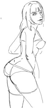 1girl ass breasts breasts_out butt_crack dimples_of_venus gluteal_fold long_hair looking_at_viewer looking_back medium_breasts nintendo nipples panties pokemon sabrina_(pokemon) simple_background sketch solo sunbeam_(artist) thighhighs underwear