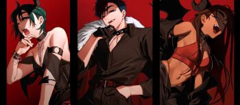 1boy 2girls absurdres alien_stage alternate_costume armlet bare_shoulders black_choker black_dress black_eyes black_gloves black_hair black_horns black_jacket black_pants black_shirt black_tail black_wings bra brown_hair choker collared_shirt commentary curled_horns dark-skinned_female dark_skin demon_horns demon_tail demon_wings dress english_commentary fangs feather_boa gloves grey_eyes half_gloves hand_in_pocket hand_on_own_chin highres horns hyuna_(alien_stage) ivan_(alien_stage) jacket jewelry kuradrawings long_hair long_sleeves multiple_girls navel navel_piercing off-shoulder_dress off_shoulder open_fly open_mouth pants piercing pinky_ring red_background red_bra red_pupils shirt short_hair spiked_choker spikes sua_(alien_stage) tail underwear very_short_hair wings