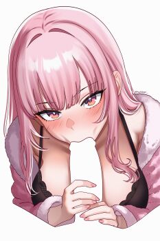 Rule 34 | 1boy, 1girl, :>=, absurdres, blank censor, blunt bangs, blush, breasts, censored, fellatio, fur-trimmed jacket, fur trim, glansjob, helldeer, hetero, highres, hololive, hololive english, jacket, large breasts, long hair, looking at viewer, mori calliope, oral, penis, penis grab, pink eyes, pink hair, pink jacket, sidelocks, simple background, solo focus, upper body, virtual youtuber, white background