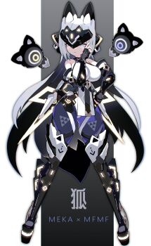 1girl animal_ears black_gloves black_hair closed_mouth elbow_gloves english_text frown gloves glowing gradient_hair grey_hair hand_on_own_hip headgear highres long_hair mamuru mecha_musume mechanical multicolored_hair original solo standing two-tone_hair very_long_hair white_eyes white_hair