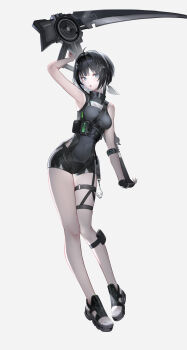 Rule 34 | 1girl, absurdres, ahoge, arknights, armpits, bare shoulders, black gloves, black hair, black shoes, black shorts, breasts, commentary request, feather hair, fingerless gloves, full body, gloves, grey background, grey eyes, hair intakes, hair ornament, hairclip, highres, holding, holding scythe, holding weapon, kojy 2524, korean commentary, la pluma (arknights), looking at viewer, open mouth, sandals, scythe, shoes, shorts, simple background, single fingerless glove, sleeveless, solo, weapon