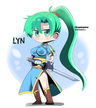 Rule 34 | 1girl, blue dress, breasts, character name, commentary request, dragodragodran, dress, earrings, fire emblem, fire emblem: the blazing blade, gluteal fold, green eyes, green hair, high ponytail, highres, jewelry, large breasts, long hair, looking at viewer, lyn (fire emblem), nintendo, no panties, pelvic curtain, ponytail, rope belt, side slit, solo, thighs, very long hair