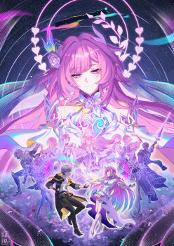 1boy 1girl absurdres aglaea_(honkai:_star_rail) amphoreus_(honkai:_star_rail) anaxa_(honkai:_star_rail) arm_up armlet artist_name astral_express_(honkai:_star_rail) bare_shoulders black_jacket black_pants blue_hair breasts caelus_(honkai:_star_rail) castorice_(honkai:_star_rail) cerydra_(honkai:_star_rail) chrysos_heirs_(honkai:_star_rail) cipher_(honkai:_star_rail) closed_mouth commentary cyrene_(honkai:_star_rail) cyrene_(ripples_of_past_reverie)_(honkai:_star_rail) dan_heng_(honkai:_star_rail) dan_heng_(permansor_terrae)_(honkai:_star_rail) dress english_commentary evernight_(honkai:_star_rail) flower gradient_hair grey_hair hair_flower hair_ornament halo halo_behind_head high_heels highres holding holding_hands holding_sword holding_weapon honkai:_star_rail honkai_(series) hyacine_(honkai:_star_rail) hysilens_(honkai:_star_rail) jacket jewelry looking_down march_7th_(honkai:_star_rail) medium_breasts multicolored_hair multiple_views mydei_(honkai:_star_rail) neko_(itsmrsneko) pants phainon_(honkai:_star_rail) pink_hair pointy_ears purple_eyes purple_flower purple_rose rose shoes sidelocks smile sword trailblazer_(honkai:_star_rail) tribbie_(honkai:_star_rail) veil weapon white_dress white_shoes white_veil