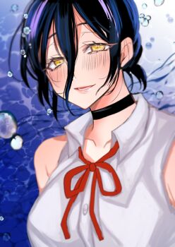 1girl air_bubble black_choker black_hair blush bubble chainsaw_man choker collared_shirt hair_between_eyes looking_at_viewer mamemix neck_ribbon red_ribbon reze_(chainsaw_man) ribbon shirt sleeveless sleeveless_shirt solo white_shirt yellow_eyes