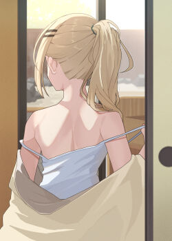 1girl alternate_hairstyle back blonde_hair commentary_request dress from_behind gakuen_idolmaster hair_ornament hair_tie hairclip highres idolmaster jacket jacket_partially_removed long_hair nape parallel_hairclips ponytail shinosawa_hiro sleeveless sleeveless_dress solo spaghetti_strap undressing upper_body white_dress yellow_jacket yui081