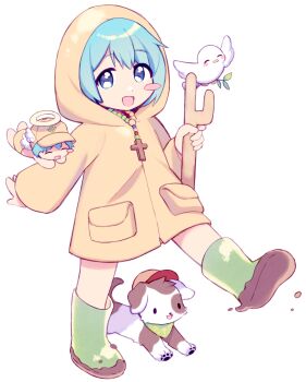1boy 1girl :d ^_^ absurdres angel angel_wings animal aura_(jubilee_2025) baseball_cap bird blue_eyes blue_hair blush_stickers boots cane chibi closed_eyes cross dirty_footwear dog dot_nose dove flying full_body green_boots halo hat highres holding holding_cane hood hood_up iubi_(jubilee_2025) jubilee_2025 lisa_(faeuna) long_sleeves looking_at_viewer luce_(jubilee_2025) mud no_nose open_mouth pocket raincoat rosary rubber_boots santino_(jubilee_2025) short_hair simple_background smile tareme walking white_background white_bird winged_hat wings yellow_raincoat