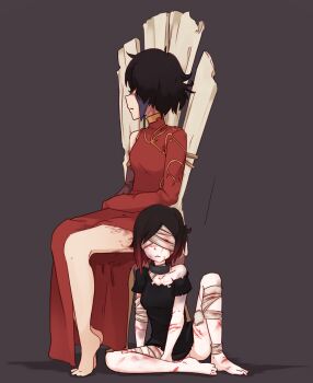 2girls asymmetrical_clothes bad_end bandages barefoot beaten black_hair blindfold blood bone bruise chair cinder_fall collar collarbone cuts dress gold_trim gradient_hair highres hiwonoafu injury looking_away looking_to_the_side multicolored_hair multiple_girls no_shoes panties red_hair ruby_rose rwby scar scratches short_hair slave torn_clothes two-tone_hair underwear