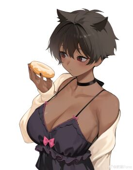 1girl absurdres animal_ears bare_shoulders black_camisole black_choker black_hair black_nails blush breasts camisole cardigan cat_ears choker cleavage closed_mouth commentary_request donut fei_mao food highres holding holding_donut holding_food large_breasts original red_eyes short_hair simple_background single_bare_shoulder upper_body white_background white_cardigan