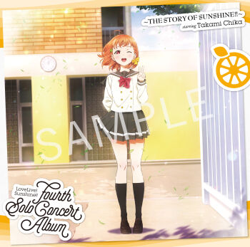 1girl ;d absurdres ahoge album_cover analog_clock ankle_socks arm_behind_back black_socks bow bowtie braid brown_shoes buttons clock clover_hair_ornament commentary_request cover double-breasted english_text full_body grey_sailor_collar grey_skirt hair_bow hair_ornament highres in-universe_location loafers long_sleeves looking_at_viewer love_live! love_live!_sunshine!! miniskirt official_art one_eye_closed open_mouth orange_hair outdoors pleated_skirt red_bow red_bowtie red_eyes sailor_collar sample_watermark school_gateway school_uniform serafuku shadow shirt shoes short_hair side_braid skirt smile socks solo standing straight-on takami_chika teeth upper_teeth_only uranohoshi_school_uniform v wall_clock watermark white_shirt winter_uniform yellow_bow