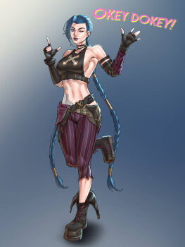 1girl ;) arcane:_league_of_legends arcane_jinx arm_tattoo bare_shoulders black_boots blue_hair boots braid breasts cloud_tattoo fingerless_gloves gloves invictarex jinx_(league_of_legends) league_of_legends long_hair looking_at_viewer one_eye_closed pants smile solo striped_clothes striped_pants tattoo twin_braids