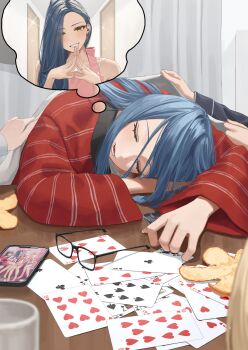 1girl 4girls blue_hair card cellphone dreaming hanten_(clothes) hara_kenshi highres imagining kimishima_touka long_hair multiple_girls orange_peel original phone playing_card sleeping smartphone unworn_eyewear