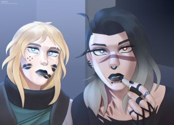 2girls ahoge applying_makeup applying_own_makeup black_hair black_lips black_nails blonde_hair blue_eyes bright_pupils collarbone curtained_hair deadlock_(valorant) ear_piercing enpera eyebrow_cut eyeshadow face_piercing facial_mark fade_(apex_legends) fishnet_gloves fishnets gloves gradient_hair green_shirt henna heterochromia highres implied_after_kiss jacket jewelry lipstick lipstick_mark lipstick_mark_on_face looking_at_mirror makeup medium_hair mirror mole mole_under_eye multicolored_hair multiple_girls multiple_rings nose_piercing nose_ring open_clothes open_jacket piercing pov ring scarf sentlau shirt snakebite_(piercing) tattoo turtleneck upper_body valorant white_pupils yuri