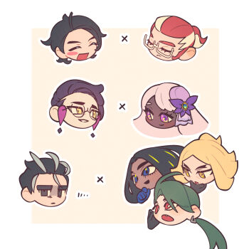 3girls 5boys :d black_hair blonde_hair blue_eyes blush_stickers closed_eyes closed_mouth commentary_request corbeau_(pokemon) dark-skinned_female dark_skin earrings eyelashes fang geeta_(pokemon) glasses gloves green_hair grin grisham_(pokemon) hassel_(pokemon) head_only highres jacinthe_(pokemon) jewelry korean_commentary larry_(pokemon) long_hair multicolored_hair multiple_boys multiple_girls nintendo open_mouth paxton_(pokemon) pokemon pokemon_legends:_z-a pokemon_sv rika_(pokemon) rumong single_blush_sticker smile tilted_headwear two-tone_hair yellow_eyes