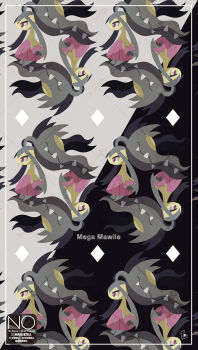 black_skin closed_mouth colored_skin commentary_request diamond_(shape) extra_mouth fangs gen_3_pokemon highres mawile mega_mawile mega_pokemon meme_(sleepsheep) nintendo pink_eyes pokemon pokemon_(creature) pokemon_focus purple_skin red_eyes sharp_teeth teeth yellow_skin