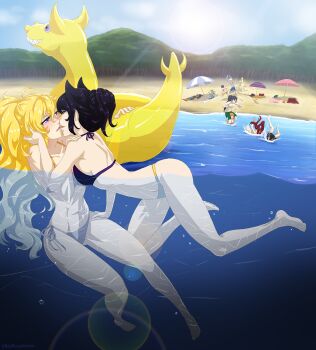 3boys 6+girls abs alternate_costume alternate_hairstyle animal_ears back bare_back bare_legs bare_shoulders barefoot beach bikini black_hair blake_belladonna blonde_hair blush breasts cat_ears couple day eye_contact feet full_body hair_between_eyes half-closed_eyes highres ilia_amitola jaune_arc kiss legs lens_flare lie_ren long_hair looking_at_another medium_breasts multiple_boys multiple_girls nora_valkyrie open_mouth outdoors partially_submerged partially_underwater_shot ponytail pyrrha_nikos ruby_rose rwby short_hair side-tie_bikini_bottom sideboob submerged sun_wukong_(rwby) swimming swimsuit underwater water weiss_schnee yang_xiao_long yaya_(y8ay8a) yuri