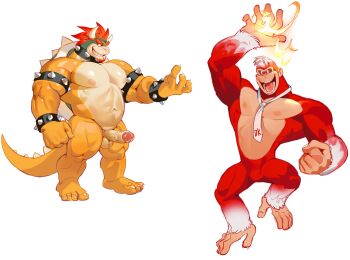 2boys abs arm_up bara bowser clenched_hand donkey_kong donkey_kong_(series) erection fire full_body furry furry_male girthy_penis highres horikwawataru huge_eyebrows large_hands large_pectorals male_focus monkey_boy multiple_boys muscular muscular_male naked_necktie navel necktie nintendo nipples outstretched_arm pectorals penis pyrokinesis short_hair smile stomach strongman_waist uncensored